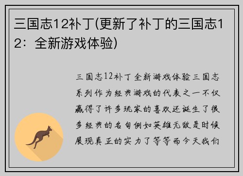 三国志12补丁(更新了补丁的三国志12：全新游戏体验)